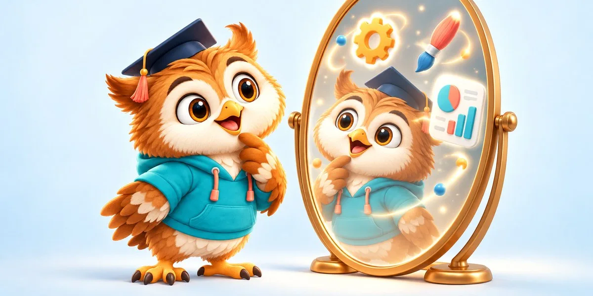 Chouette face à un miroir reflétant des icônes d'outils